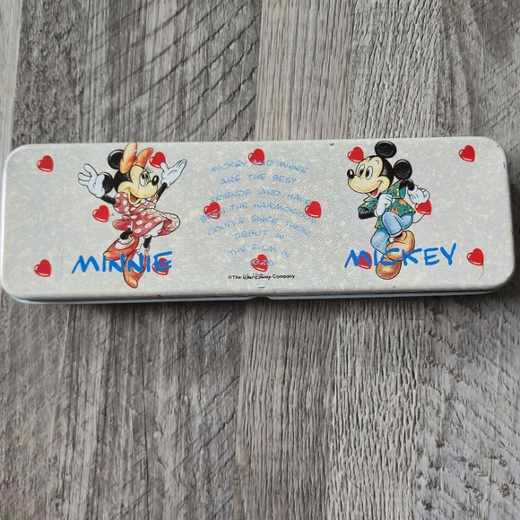 Disney Other - Disney Vintage 90s Mickey Minnie Mouse Tin Pencil Case Heart Graphic Rare Ellon